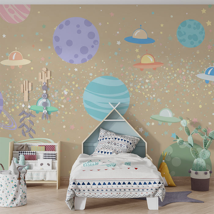 Papier peint chambre enfant | Univers coloré avec planètes et soucoupes volantes