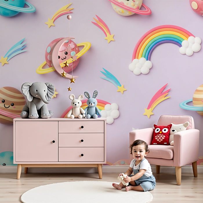 Papel pintado infantil | Universo colorido con planetas sonrientes y arcoíris