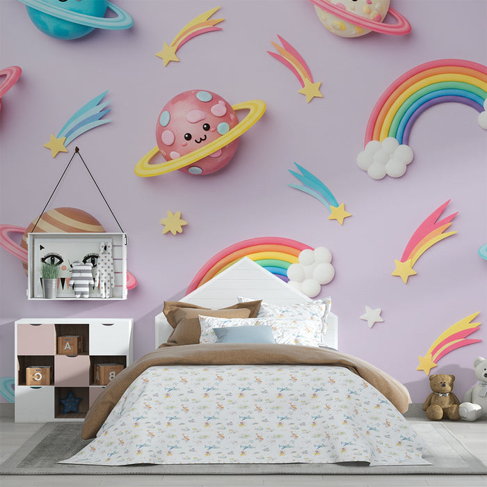 Papel pintado infantil | Universo colorido con planetas sonrientes y arcoíris