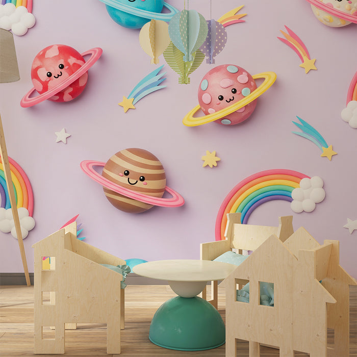 Papel pintado infantil | Universo colorido con planetas sonrientes y arcoíris