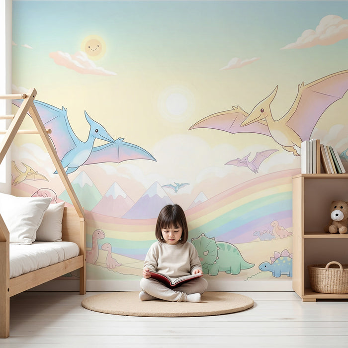 Gyermekszoba tapéta | Színes univerzum dinoszauruszokkal és pterodactylsokkal napos égen