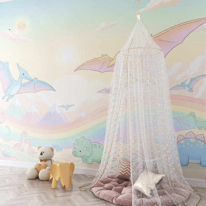 Gyermekszoba tapéta | Színes univerzum dinoszauruszokkal és pterodactylsokkal napos égen