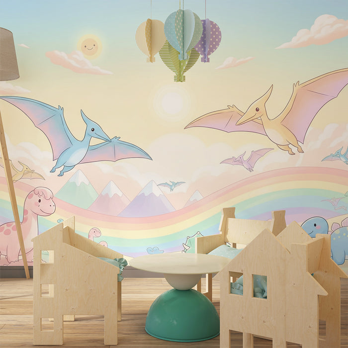 Gyermekszoba tapéta | Színes univerzum dinoszauruszokkal és pterodactylsokkal napos égen