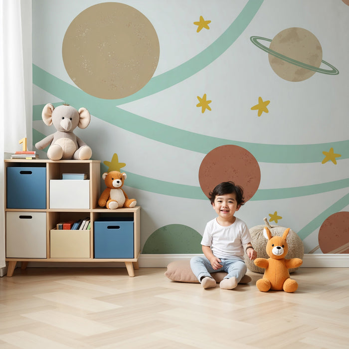 Kinderkamer behang | Kleurrijk universum en planeten op een witte achtergrond