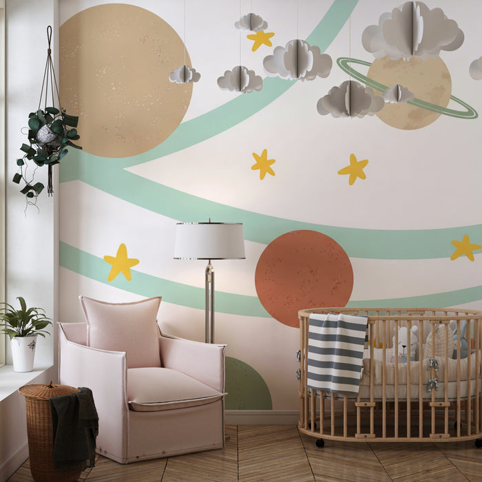 Kinderkamer behang | Kleurrijk universum en planeten op een witte achtergrond