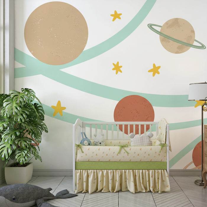 Kinderkamer behang | Kleurrijk universum en planeten op een witte achtergrond