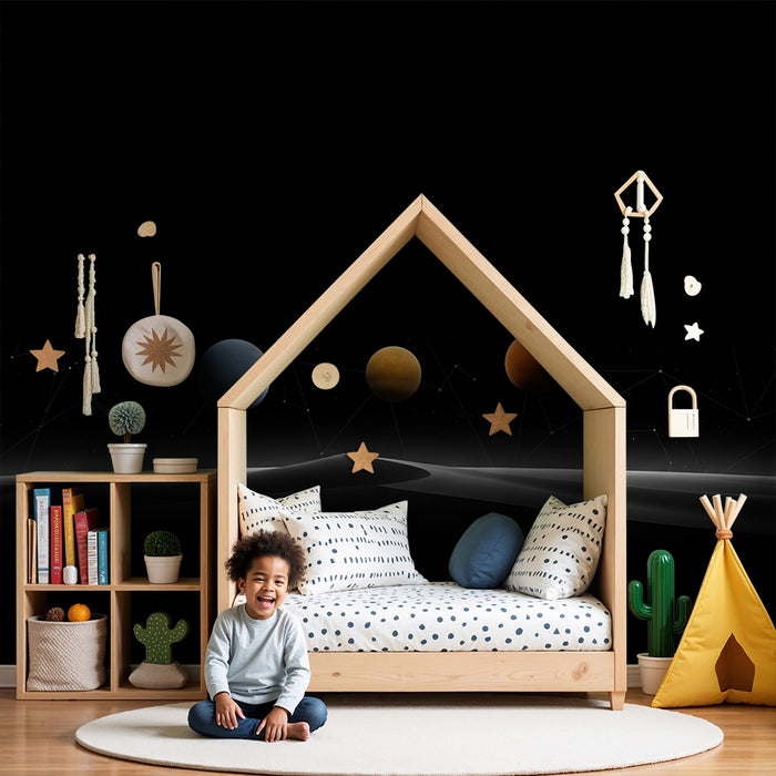 Kinderzimmer Tapete | Kosmos mit bunten Planeten und leuchtenden Sternen