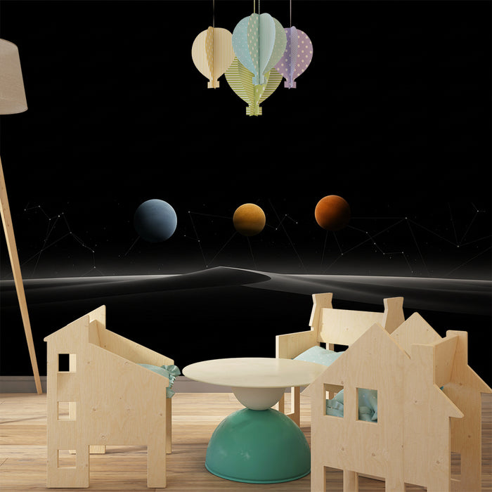 Kinderzimmer Tapete | Kosmos mit bunten Planeten und leuchtenden Sternen