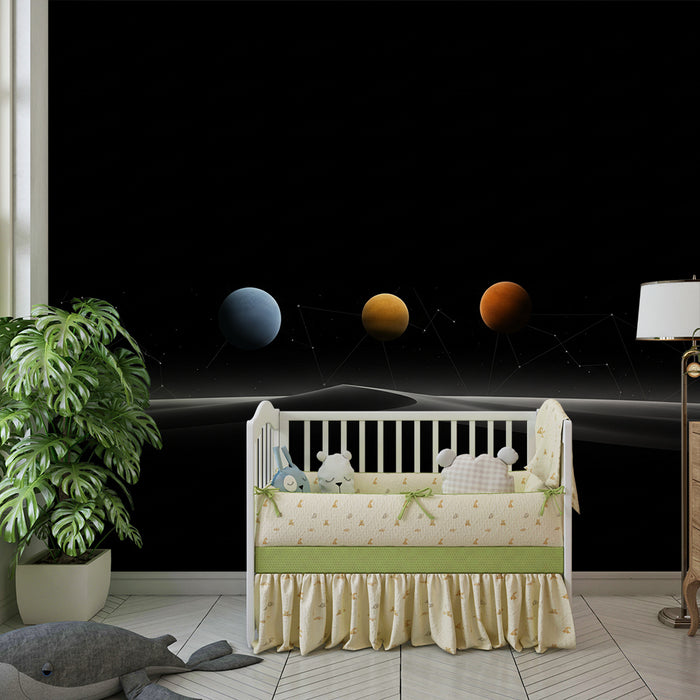 Kinderzimmer Tapete | Kosmos mit bunten Planeten und leuchtenden Sternen