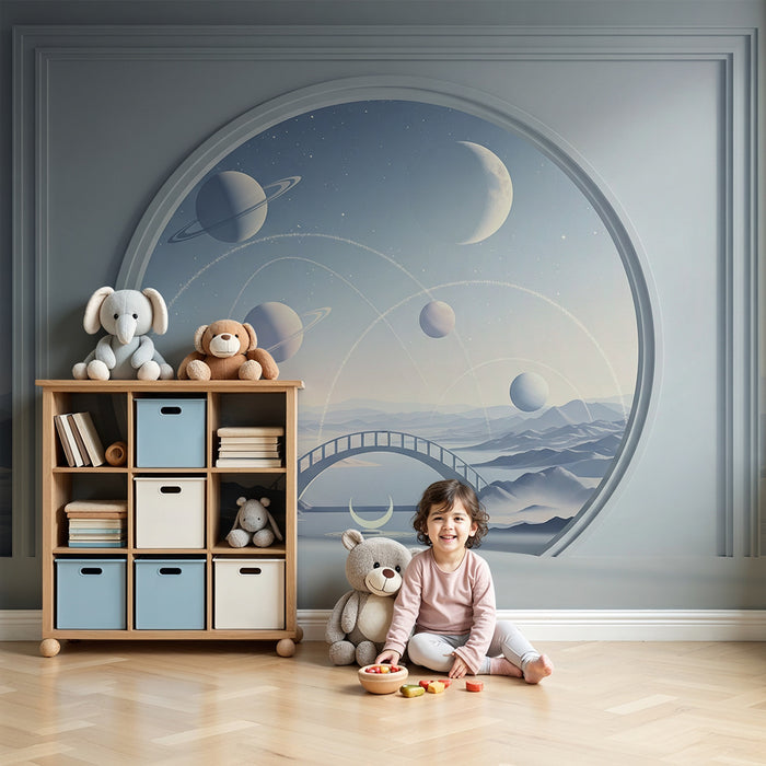 Carta da parati per cameretta dei bambini | Universo cosmico con pianeti e paesaggi da sogno