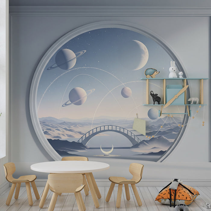 Carta da parati per cameretta dei bambini | Universo cosmico con pianeti e paesaggi da sogno