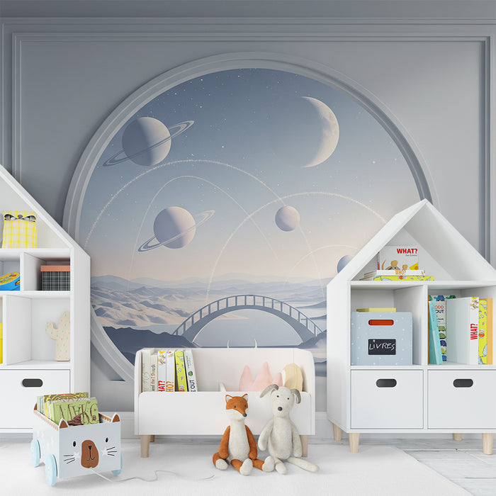 Carta da parati per cameretta dei bambini | Universo cosmico con pianeti e paesaggi da sogno