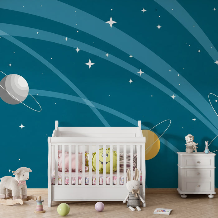 Papel pintado infantil | Universo cósmico con planetas multicolores
