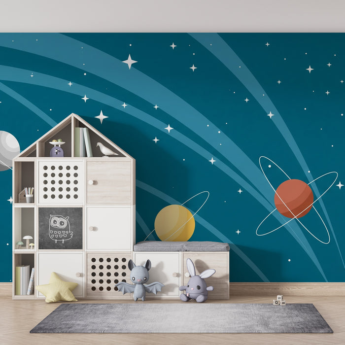 Papel pintado infantil | Universo cósmico con planetas multicolores