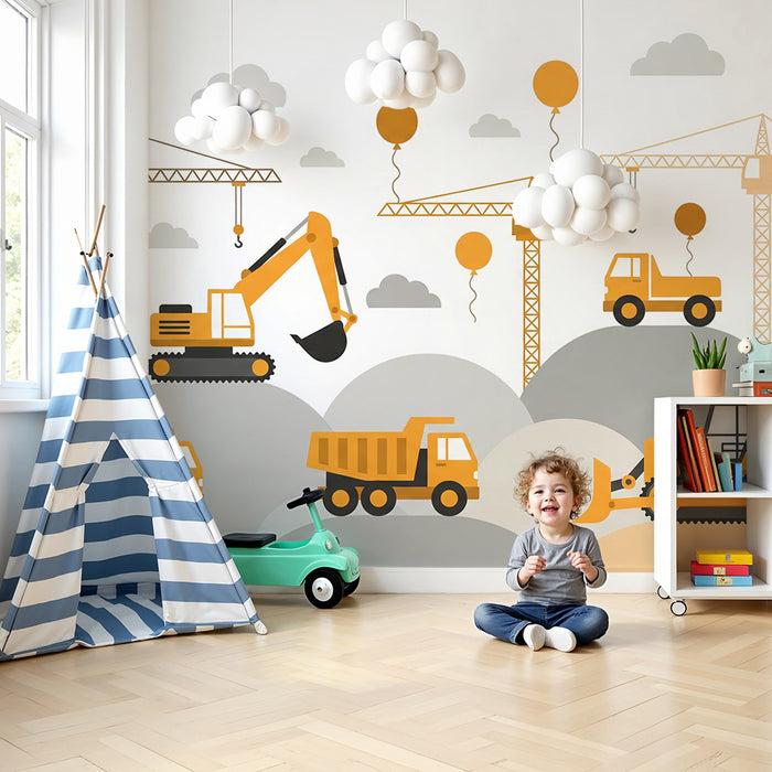 Papier peint chambre enfant | Univers de construction avec engins et ballons colorés
