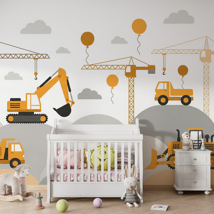 Papier peint chambre enfant | Univers de construction avec engins et ballons colorés