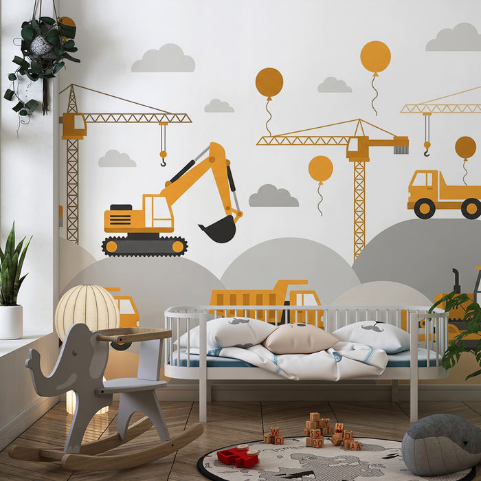 Papier peint chambre enfant | Univers de construction avec engins et ballons colorés