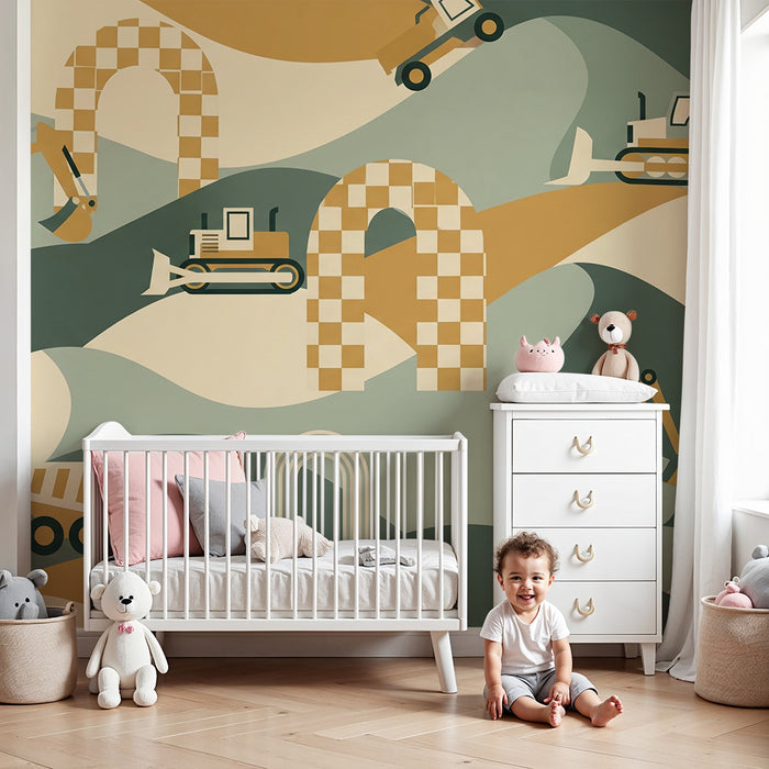 Papel de parede para quarto infantil | Mundo de construção com veículos e padrões geométricos