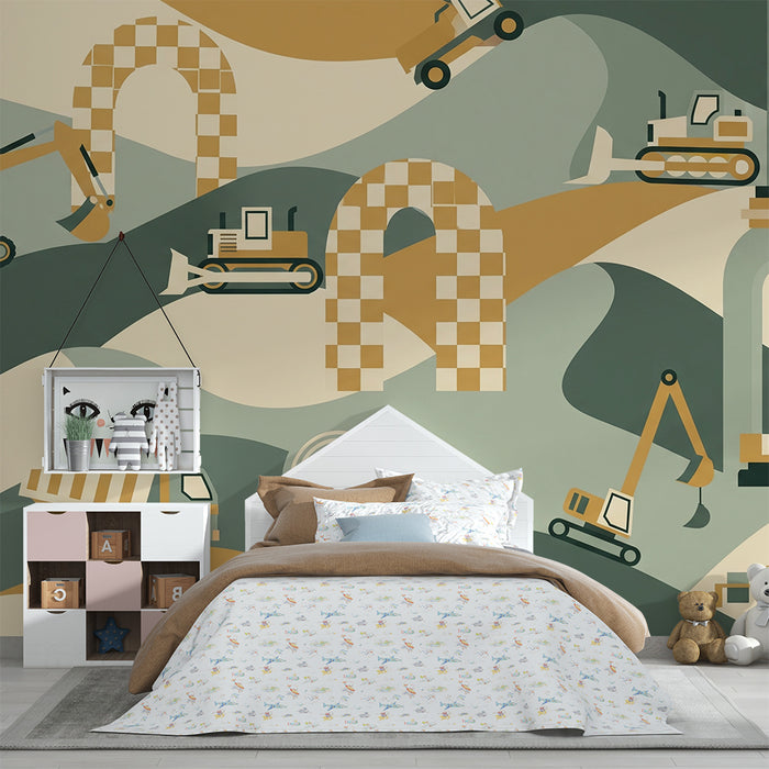Papel de parede para quarto infantil | Mundo de construção com veículos e padrões geométricos