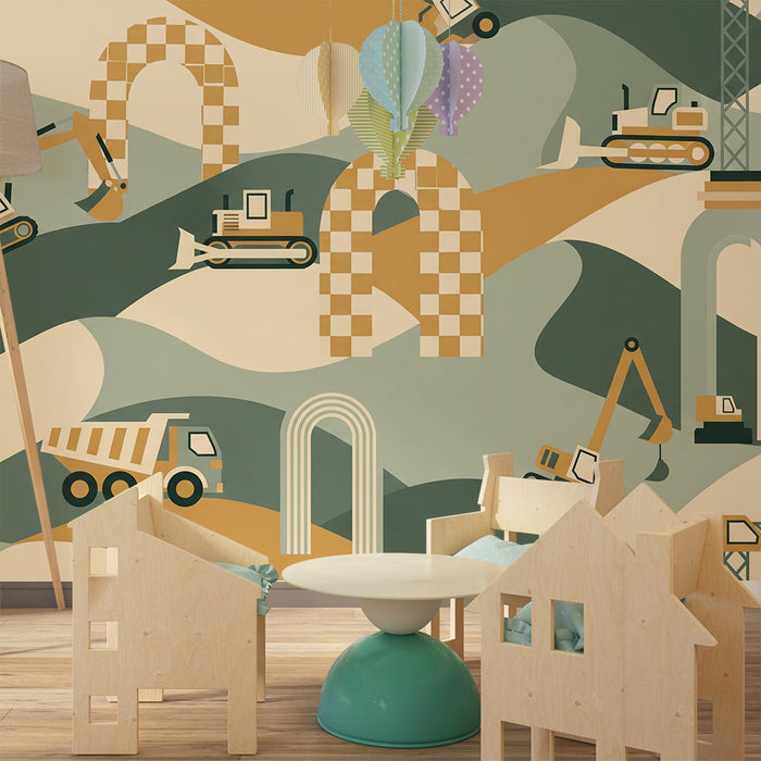 Papel de parede para quarto infantil | Mundo de construção com veículos e padrões geométricos