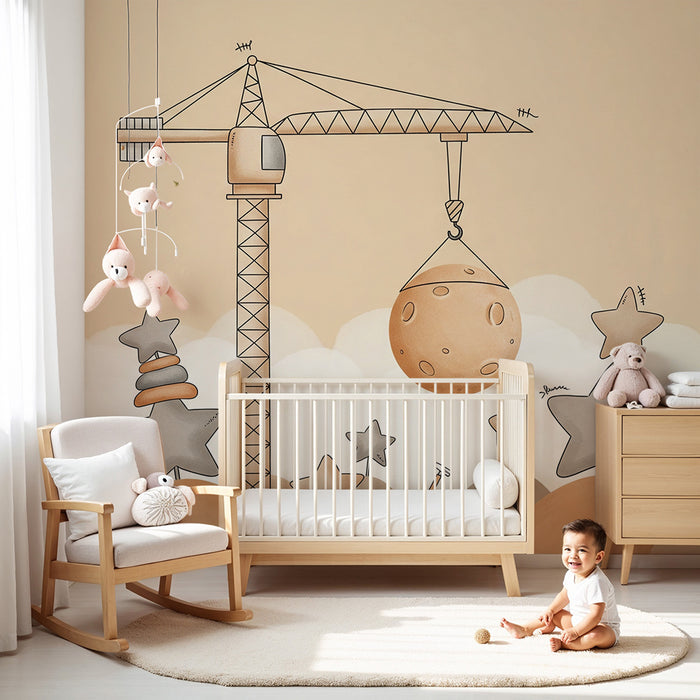 Kinderzimmer-Tapete | Baustellen-Design mit Sternen und Mond