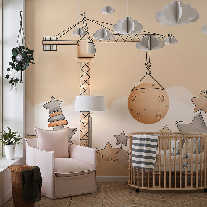 Kinderzimmer-Tapete | Baustellen-Design mit Sternen und Mond