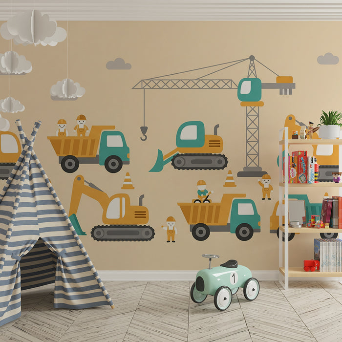 Kids' Room Wallpaper | Construction Site Theme with Happy Workers and Machinery