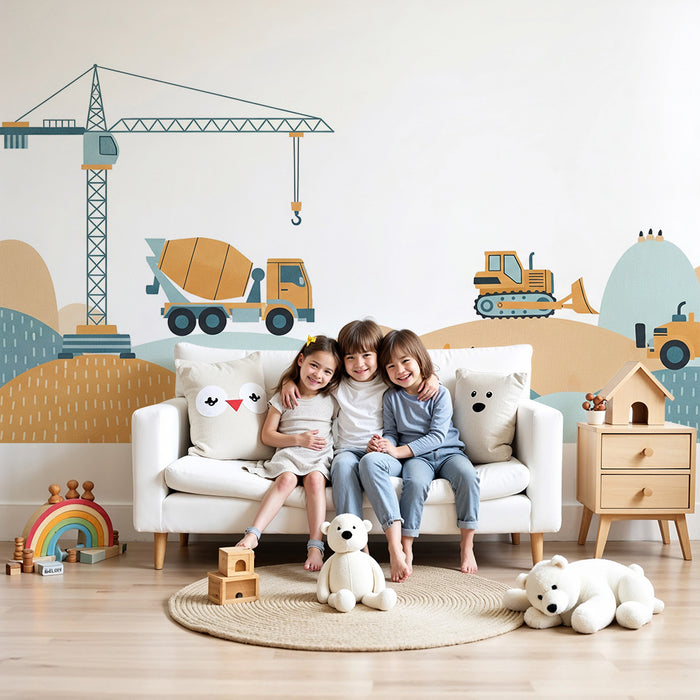 Kinderzimmer-Tapete | Baustellenwelt mit bunten Baufahrzeugen
