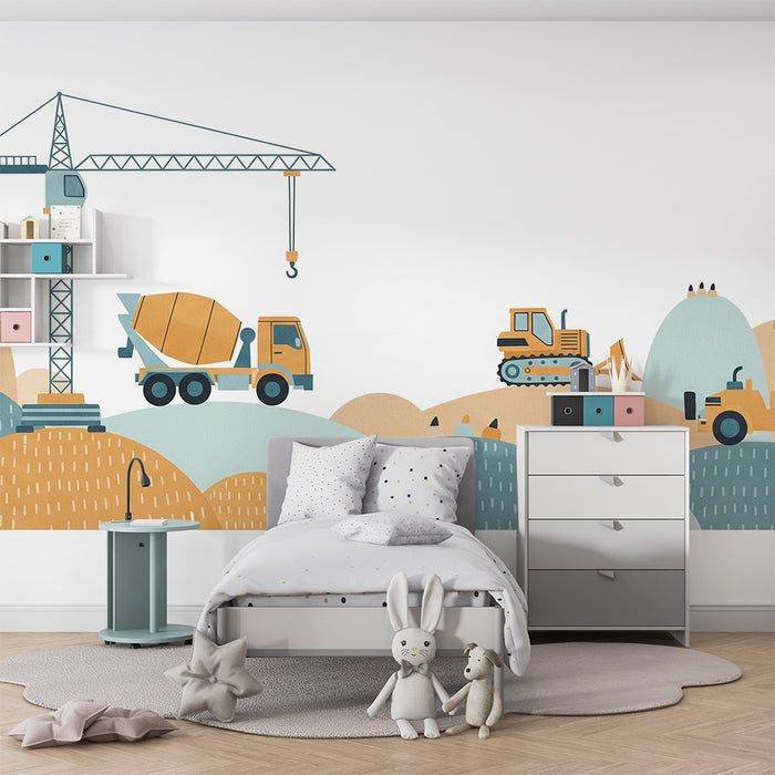 Kinderzimmer-Tapete | Baustellenwelt mit bunten Baufahrzeugen