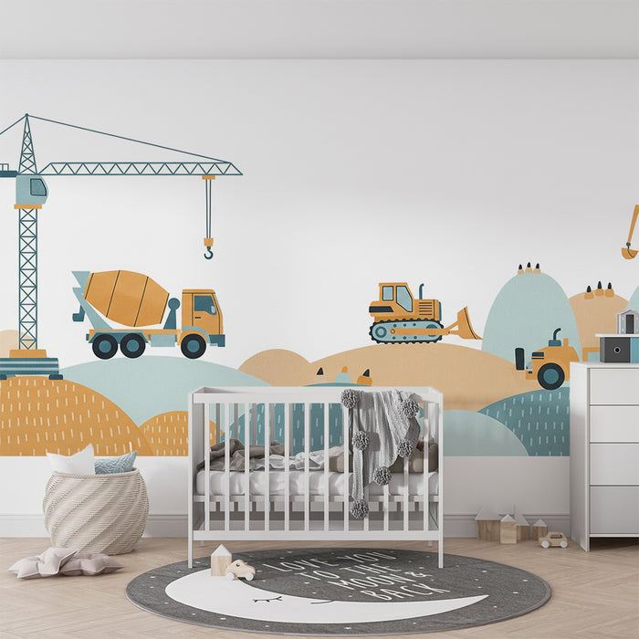 Kinderzimmer-Tapete | Baustellenwelt mit bunten Baufahrzeugen