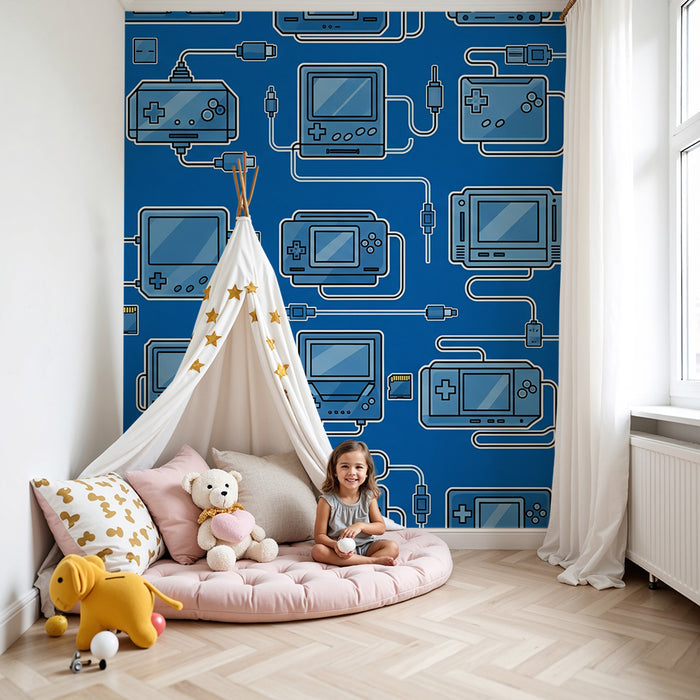Kids' Room Wallpaper | Retro Gaming Console World on Blue Background