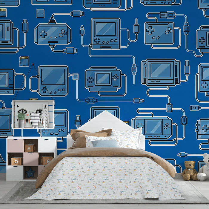 Kids' Room Wallpaper | Retro Gaming Console World on Blue Background