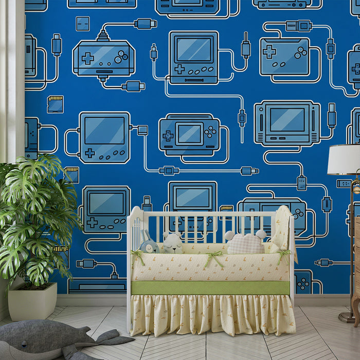 Kids' Room Wallpaper | Retro Gaming Console World on Blue Background
