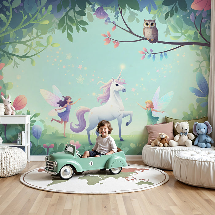 Carta da parati bambini | Universo incantato con un magico unicorno e fate in una foresta
