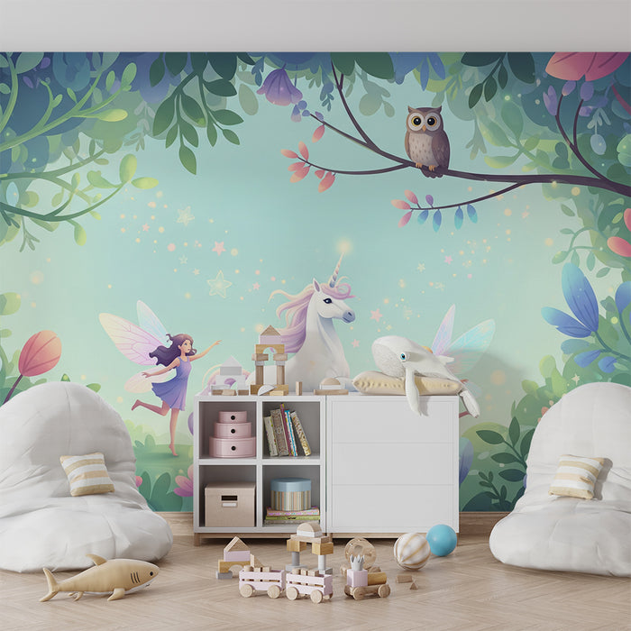 Carta da parati bambini | Universo incantato con un magico unicorno e fate in una foresta