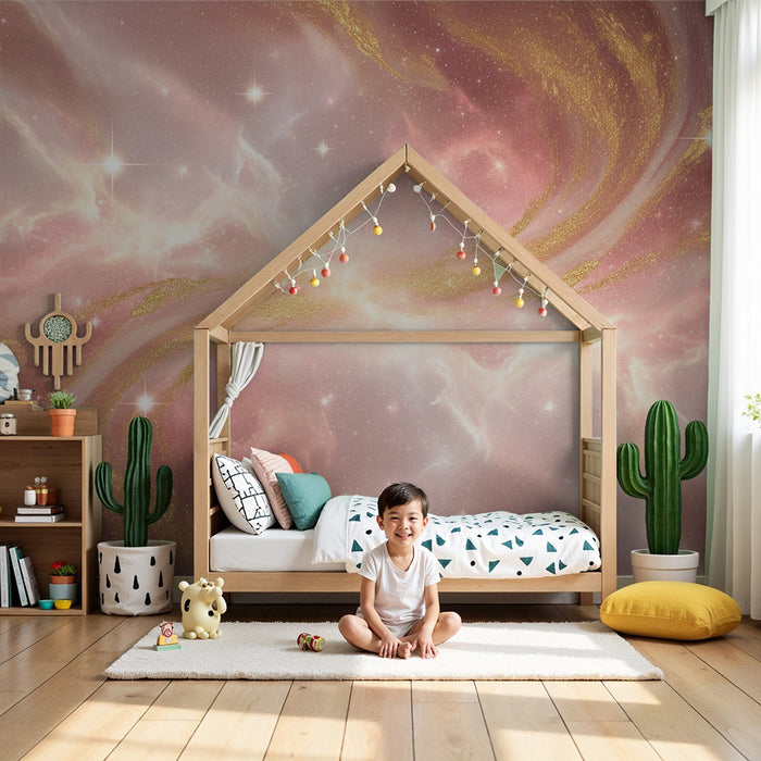 Papel de parede criança | Universo estrelado em tons de rosa e dourado