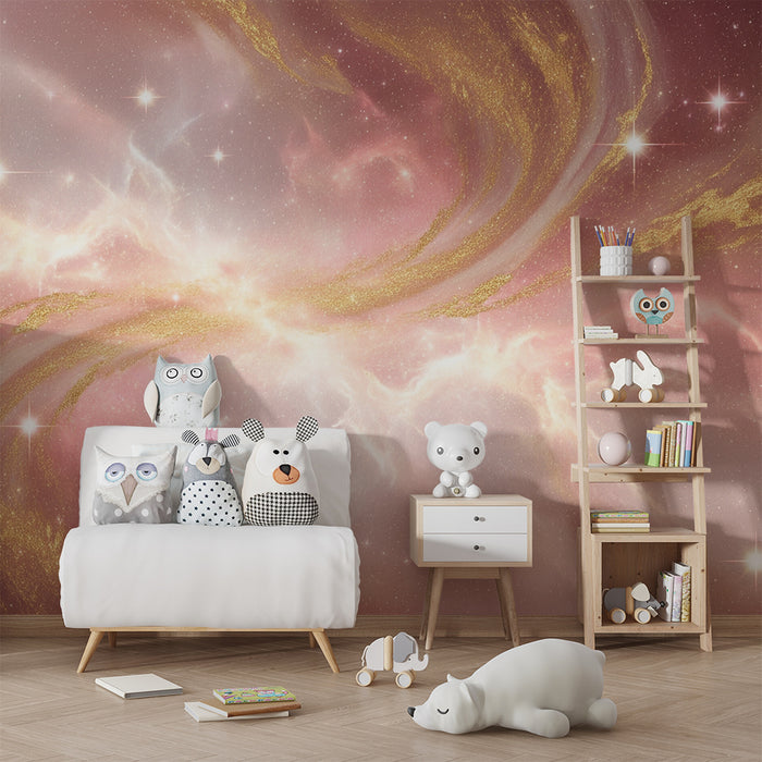 Papel de parede criança | Universo estrelado em tons de rosa e dourado
