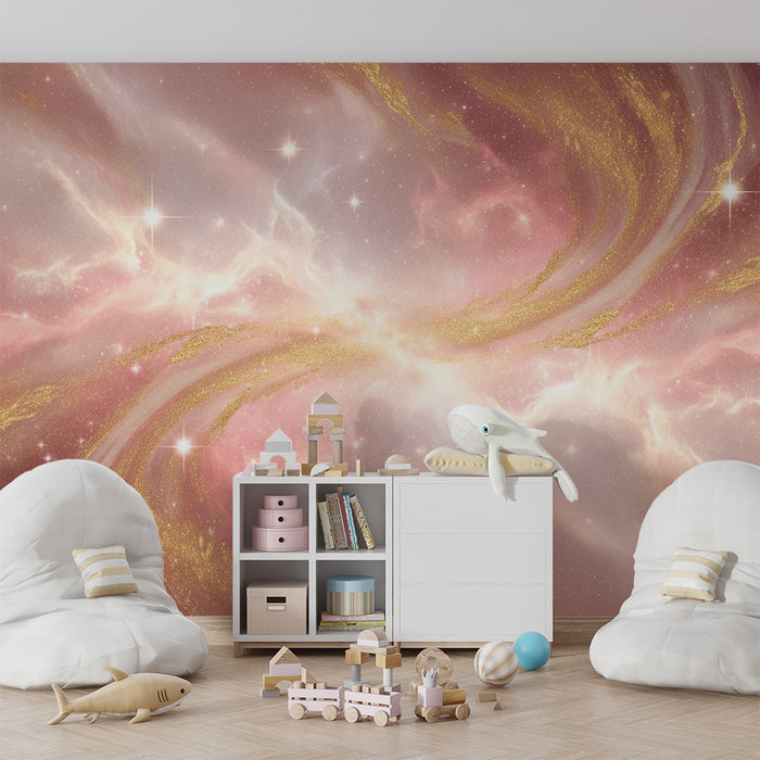 Papel de parede criança | Universo estrelado em tons de rosa e dourado