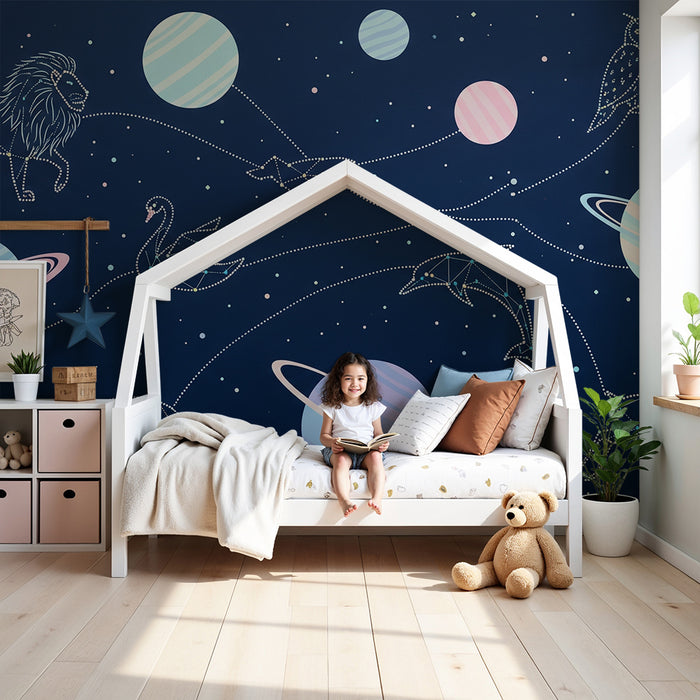 Χαρτί τοίχου παιδικού δωματίου | Αστρικό σύμπαν με αστερισμούς και πολύχρωμους πλανήτες