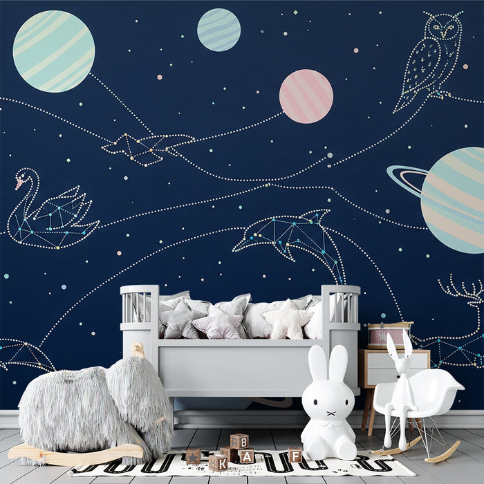 Χαρτί τοίχου παιδικού δωματίου | Αστρικό σύμπαν με αστερισμούς και πολύχρωμους πλανήτες