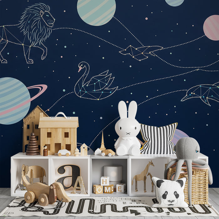 Χαρτί τοίχου παιδικού δωματίου | Αστρικό σύμπαν με αστερισμούς και πολύχρωμους πλανήτες
