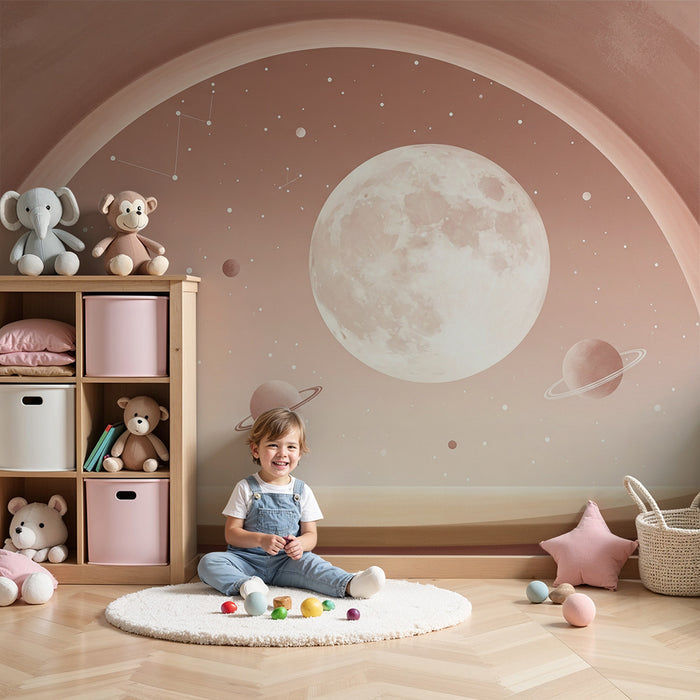 Papel de parede para quarto infantil | Universo estrelado com lua e planetas