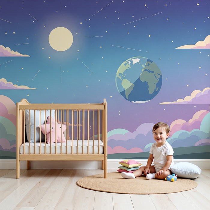 Kinderzimmer Tapete | Sternenuniversum mit Erde und bunten Wolken