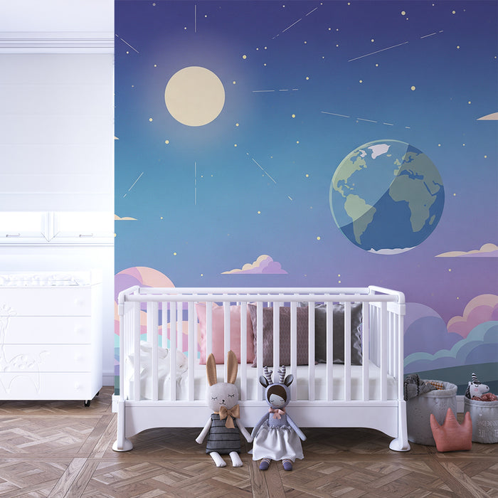 Kinderzimmer Tapete | Sternenuniversum mit Erde und bunten Wolken