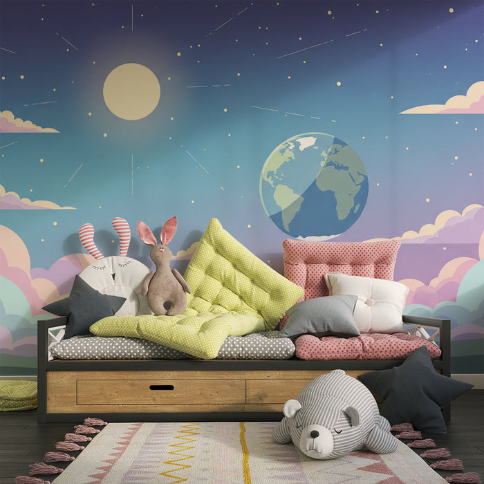Kinderzimmer Tapete | Sternenuniversum mit Erde und bunten Wolken