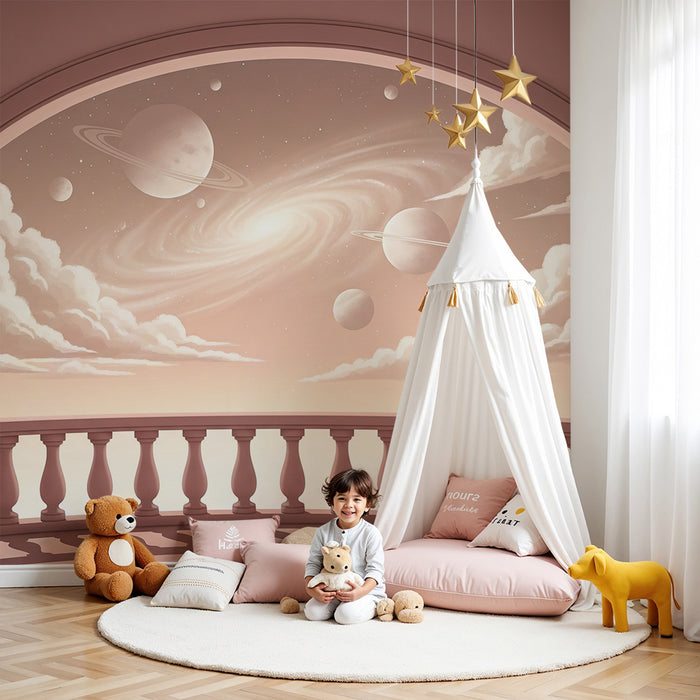 Papier peint chambre enfant | Univers étoilé avec nuages doux et planètes