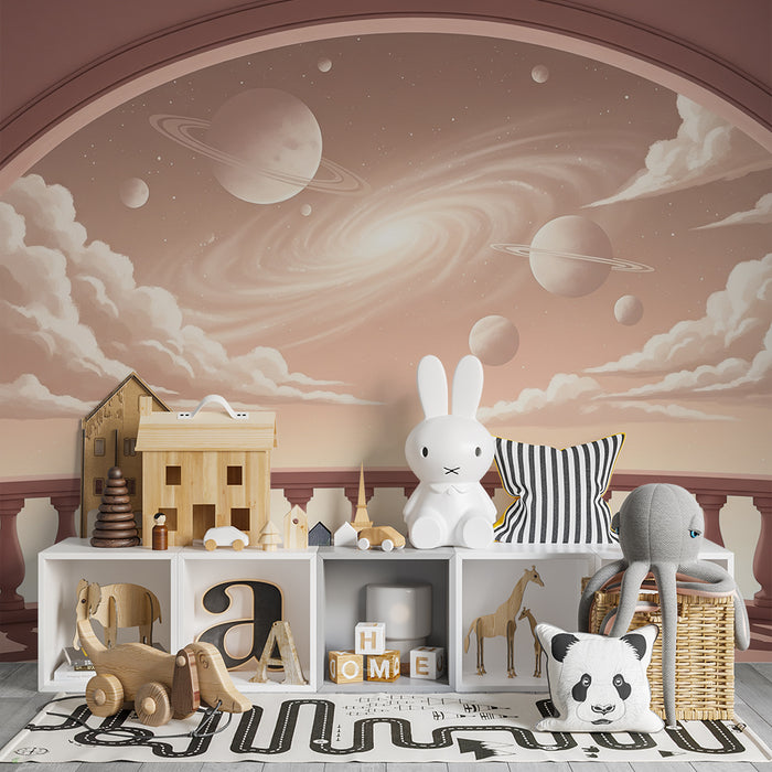 Papier peint chambre enfant | Univers étoilé avec nuages doux et planètes