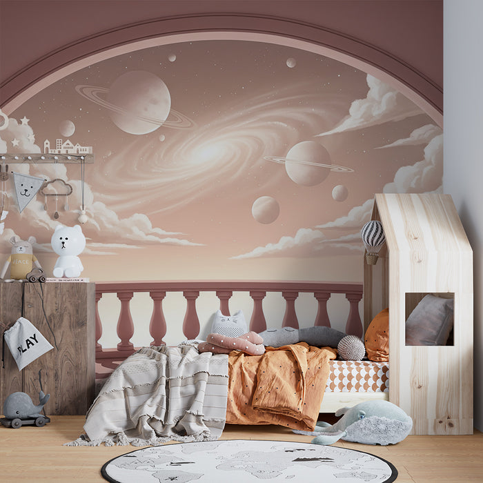 Papier peint chambre enfant | Univers étoilé avec nuages doux et planètes