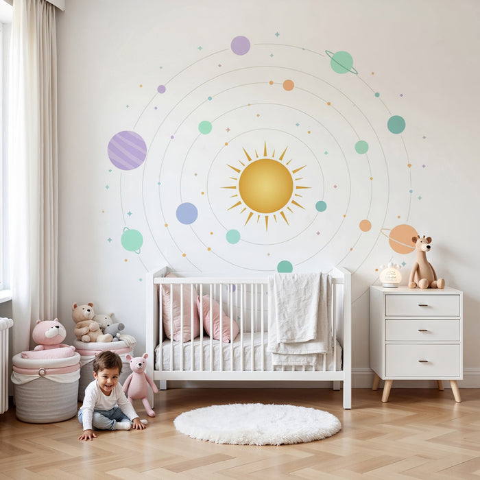 Kinderkamer behang | Sterrenhemel met kleurrijke planeten