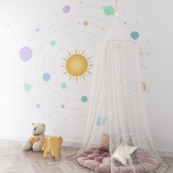 Kinderkamer behang | Sterrenhemel met kleurrijke planeten